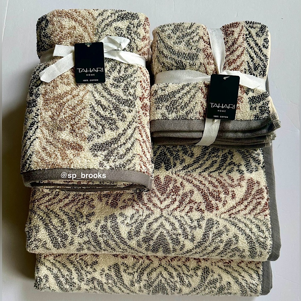 🎁8PC Tahari Bath Towel Set - Multi Decorative Cotton Towels - COCOA/CHAL